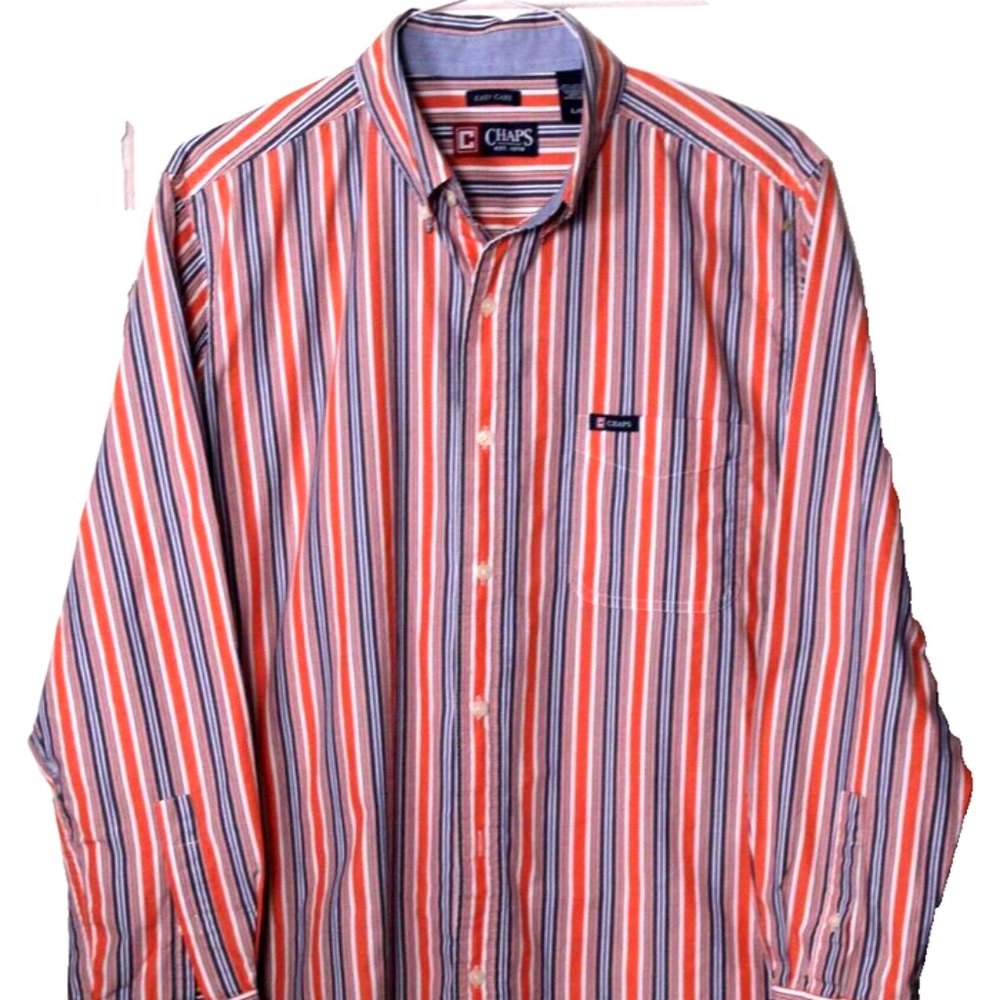 RALPH LAUREN CHAPS CASUAL SHIRT men's size L orange navy blue stripe Easy Care